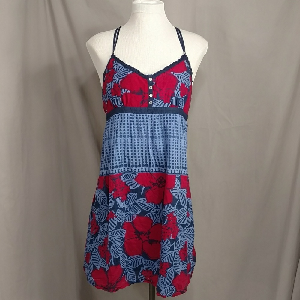 Red Blue Sundress XL Cotton Silk Bright Mini Dress Flirty Fun Summer Classic